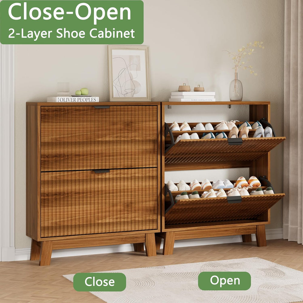 Xixini Shoe Cabinet with 2 Flip Drawers, 37" Tall Narrow Fluted Shoe Sto...