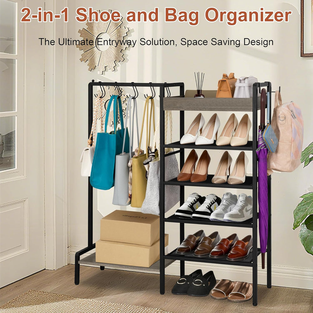 2-in-1 Shoe and Purse Rack, 5-Tier Shoe Rack with Wooden Tray & 7 Hooks, ...
