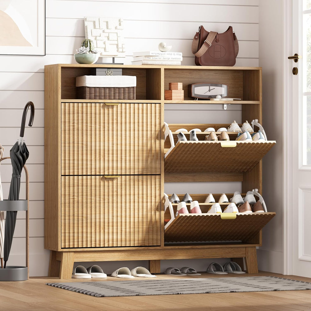 HUANLEGO Shoe Cabinet Storage for Entryway with 4 Flip Drawers, Fluted Narrow...