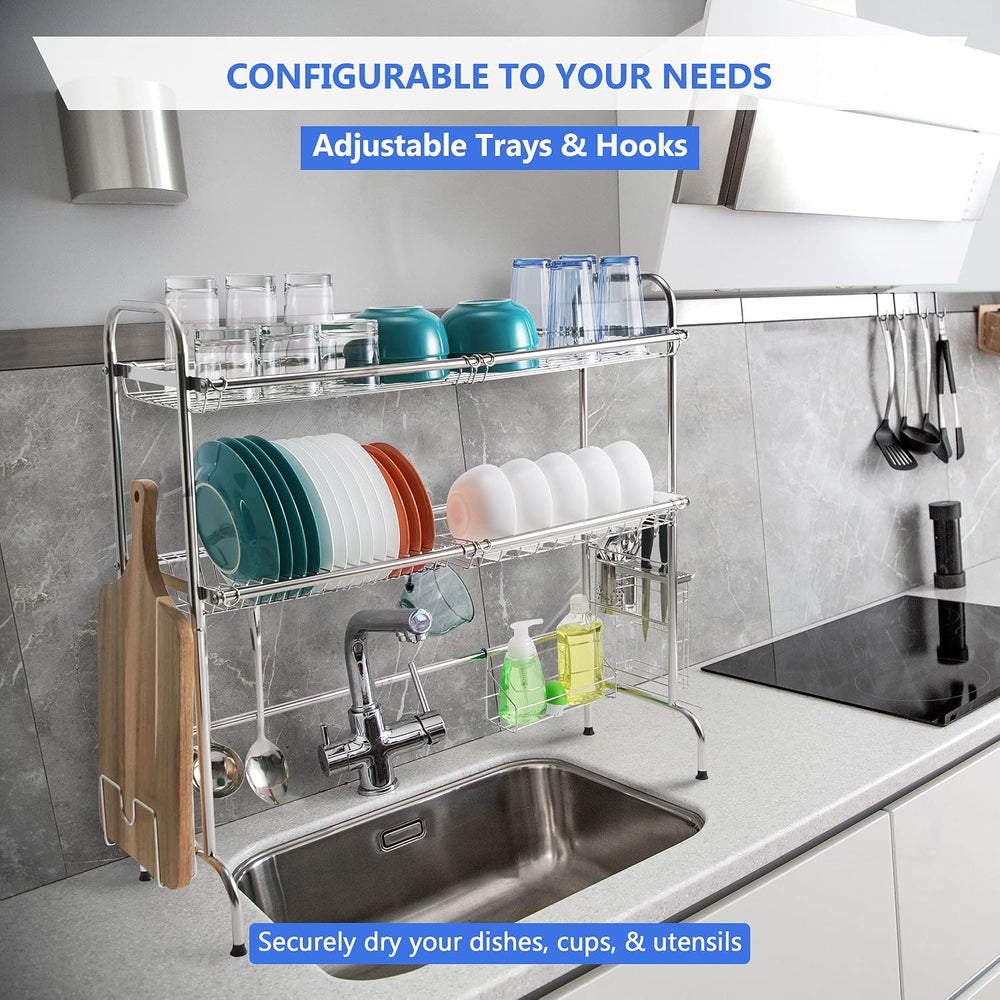 2 Tier Over The Sink Dish Drying Rack, Large Kitchen Counter Utensil Drainer ...