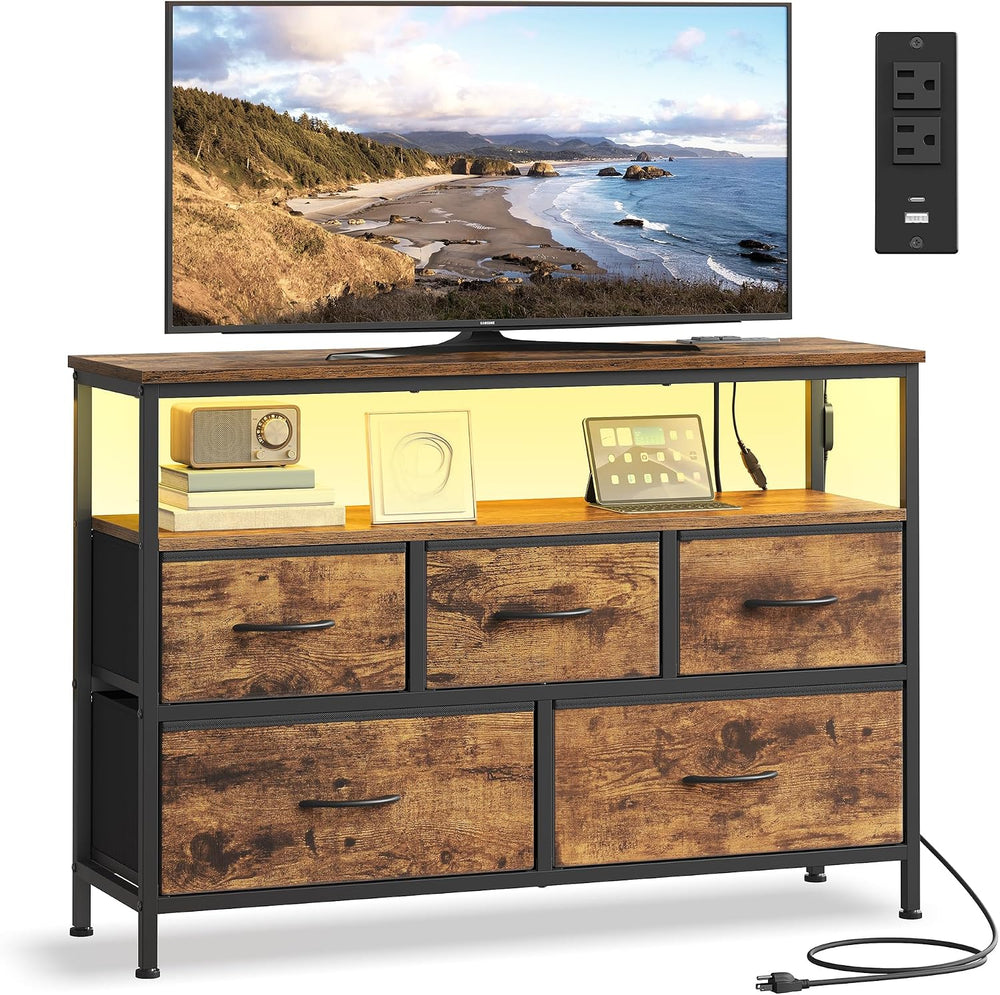 SONGMICS Dresser with App-Controlled LED Lights, 5 Fabric Drawers Dresser