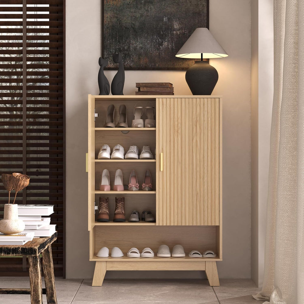4-Tier Fluted Shoe Cabinet with 2 Doors & Open Shelf, Mid Century Modern ...