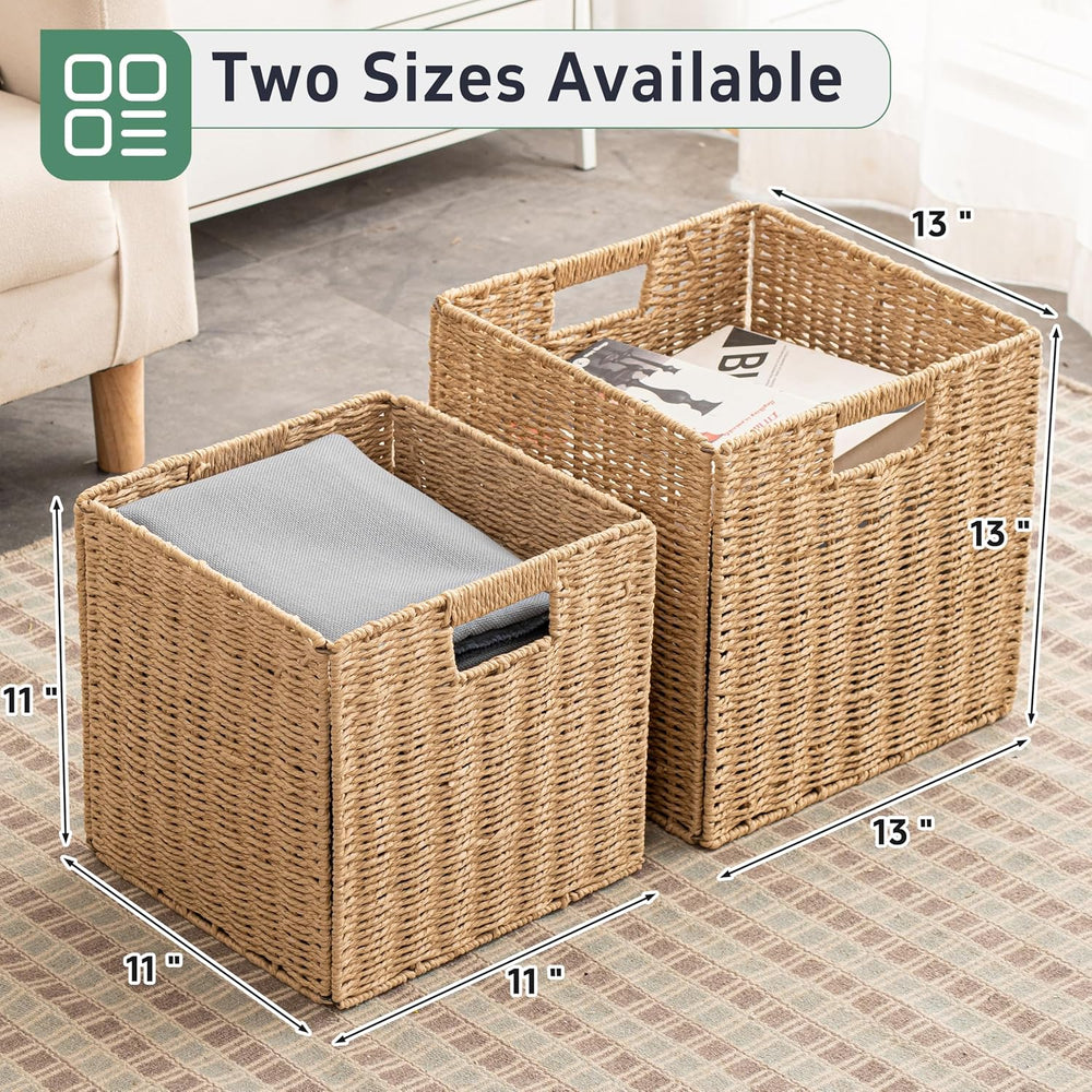 13x13x13 Storage Cube Bins Set of 4, Paper Rope Hand Woven Storage Basket wit...