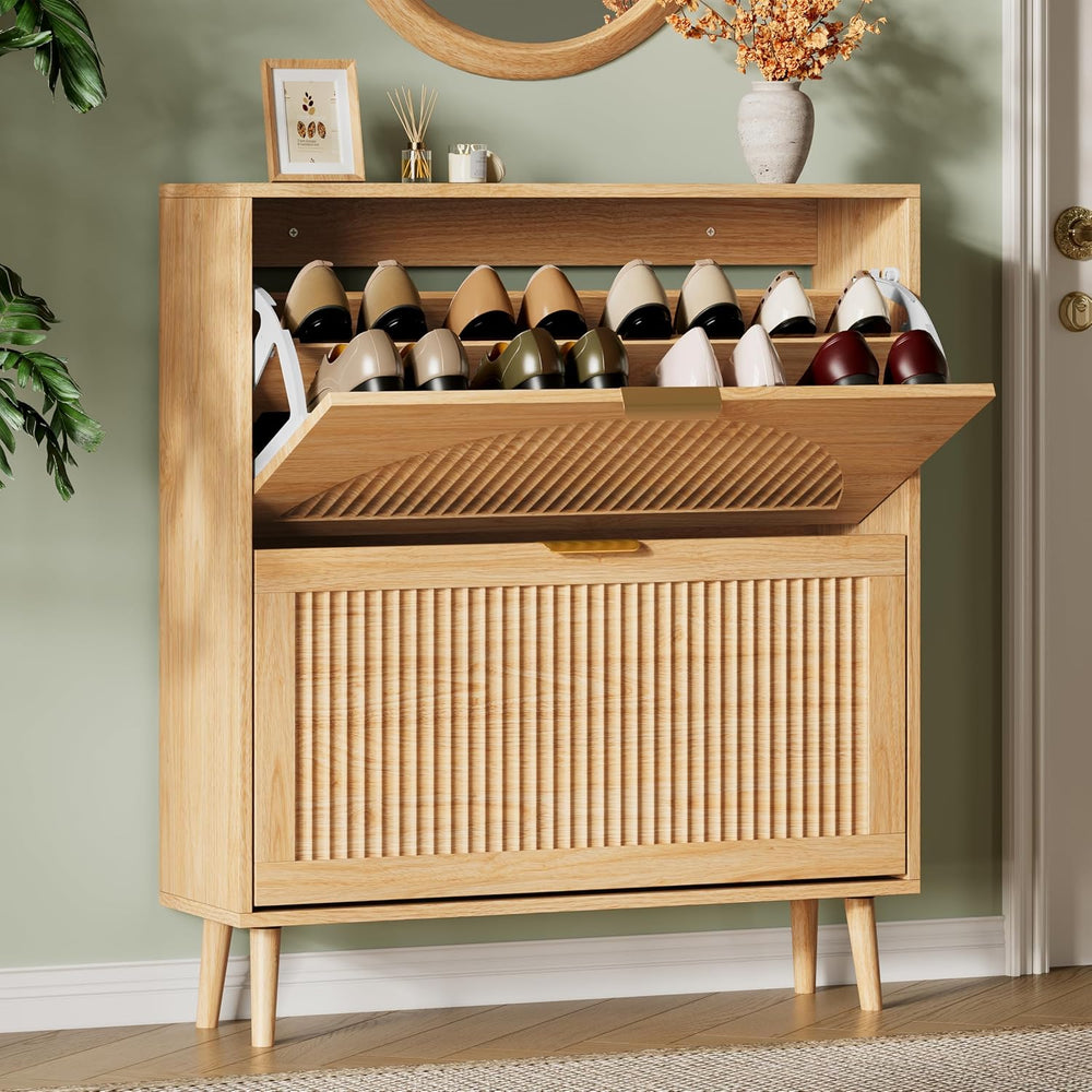 Xixini Shoe Storage Cabinet with 2 Flip Drawers, 36" Tall Narrow Wood Fl...