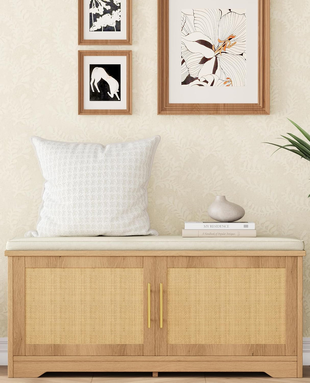 Rattan Shoe Storage Bench, 39.4" Wide Entryway Bench, Natural Oak