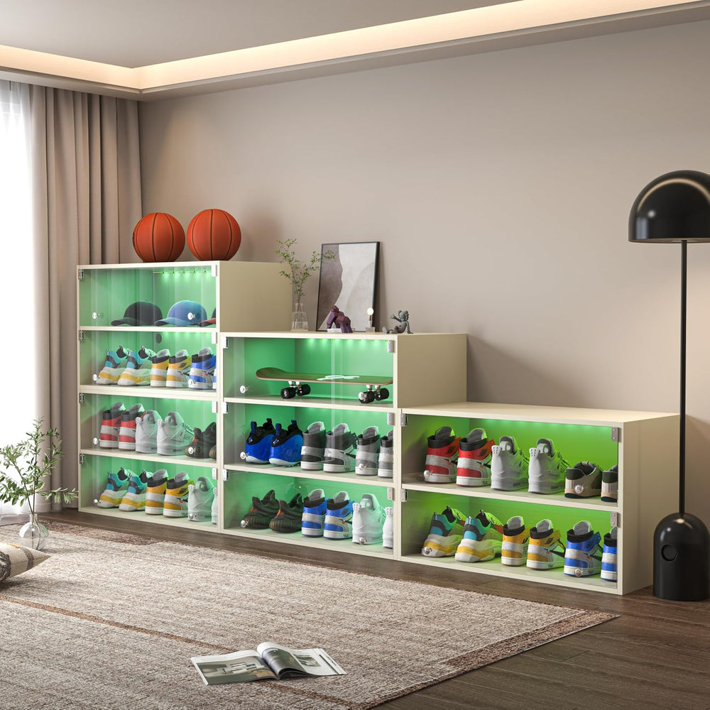 HomVent Shoe Box with RGB LED Light, Wooden Stackable Shoe Storage Box with G...
