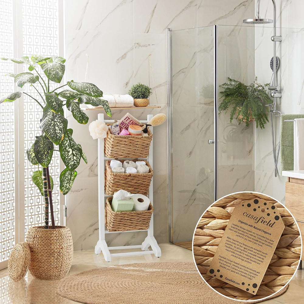 Casafield 3-Tier Floor Stand with Water Hyacinth Storage Baskets, White/Natur...