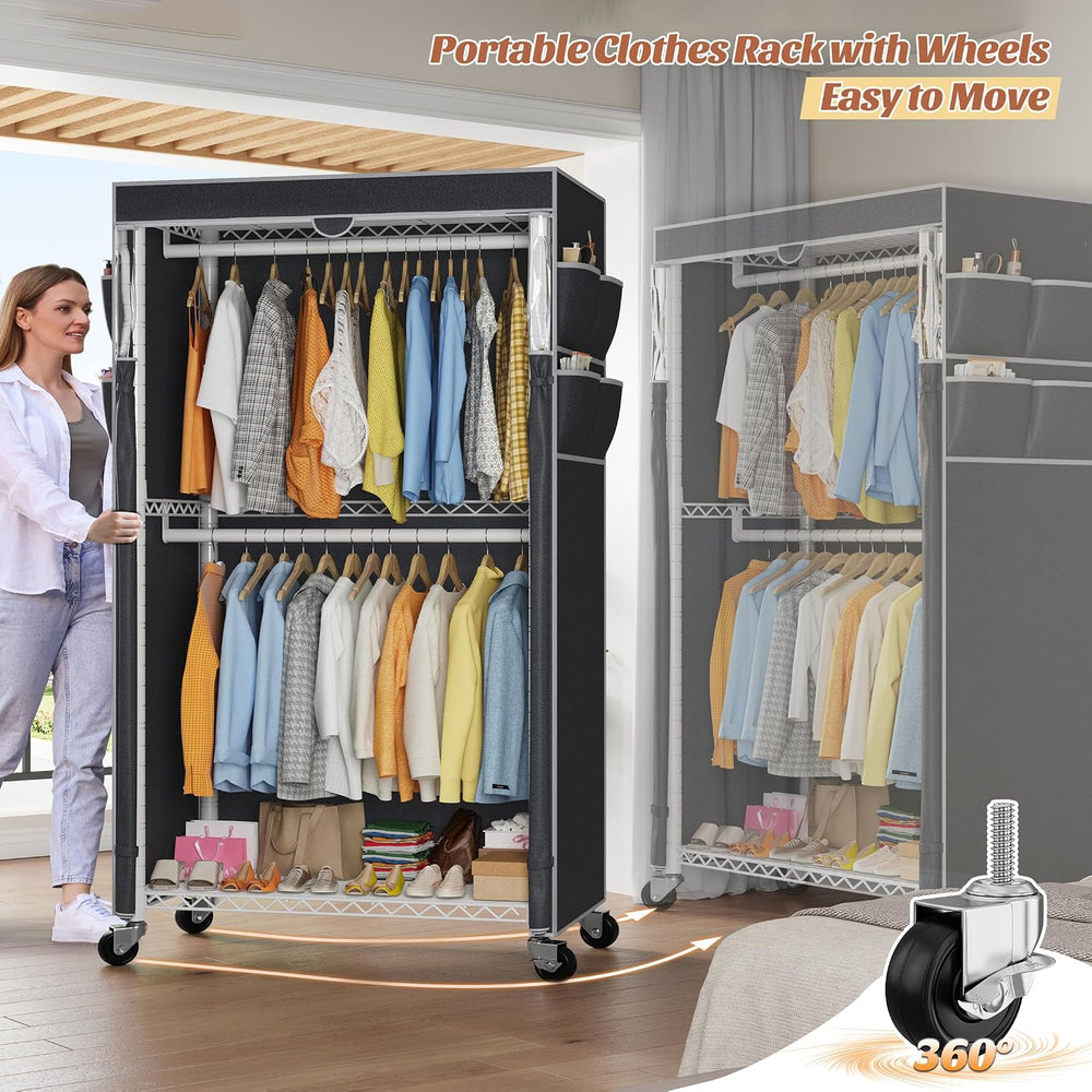 Raybee Clothes Rack with Cover, Rolling Portable Closet, 2 Rods & 2 shelves
