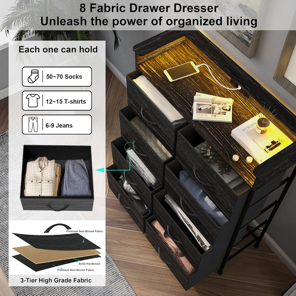 Fabric Dresser for Bedroom with LED Light and Charing Station Tall Dressers w...