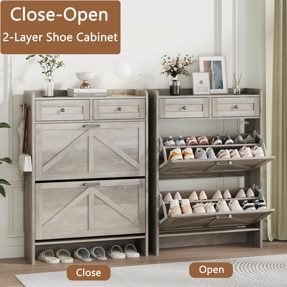 Shoe Cabinet with 2 Flip Drawers & 2 Top Drawers, 43" Tall Freestand...
