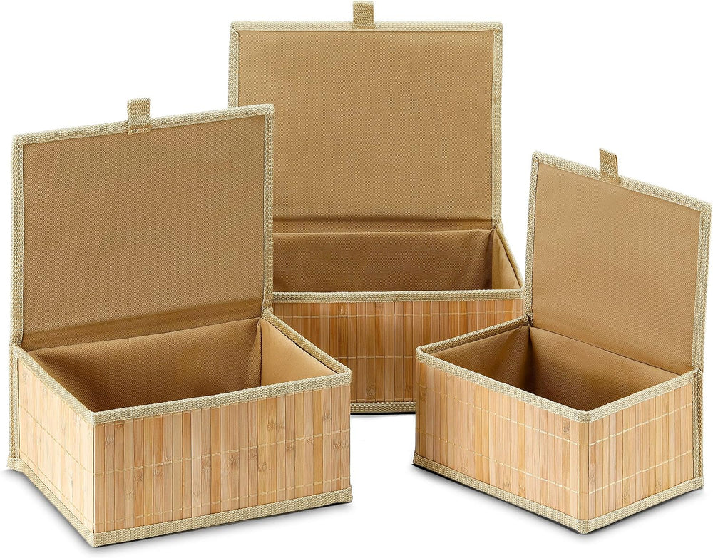 Bamboo Decorative Storage Boxes - Set of 3 Woven Lined Storage Basket with Li...
