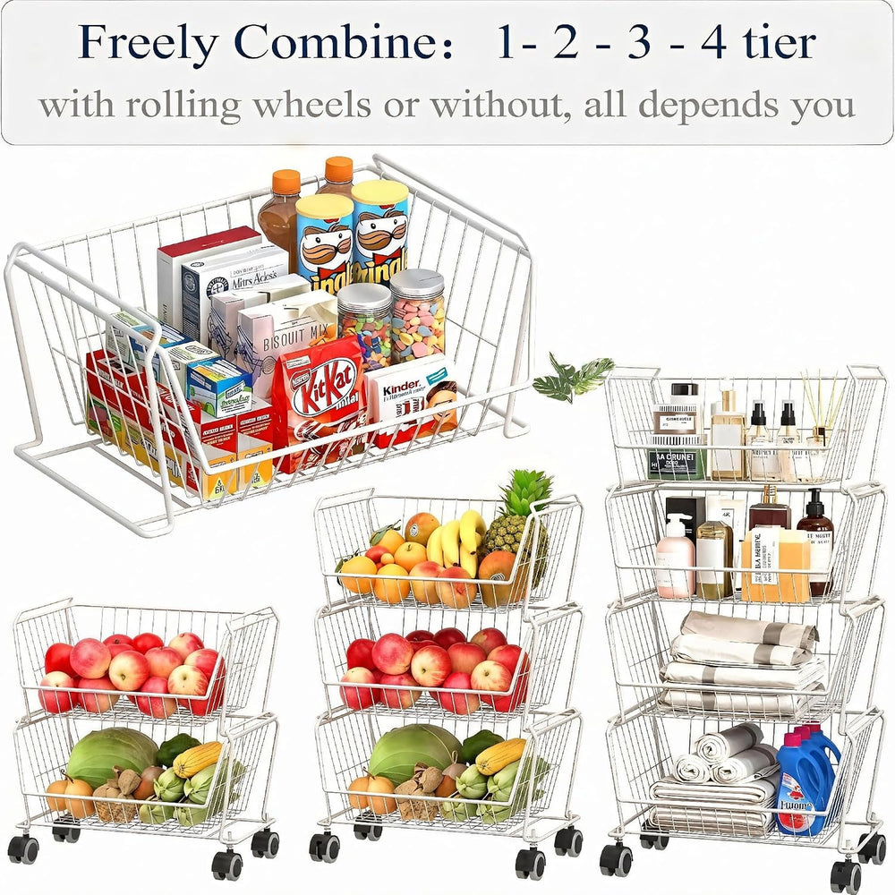 PUSDON 4-Tier Large Stackable Wire Storage Baskets with Wheels, Metal Rolling...