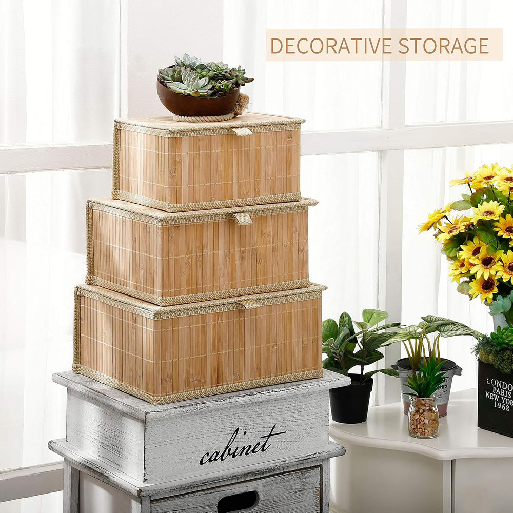 Bamboo Decorative Storage Boxes - Set of 3 Woven Lined Storage Basket with Li...