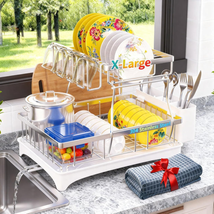 Godboat 2-Tier Dish Drying Rack - 304 Stainless Steel Dish Rack Auto Drain
