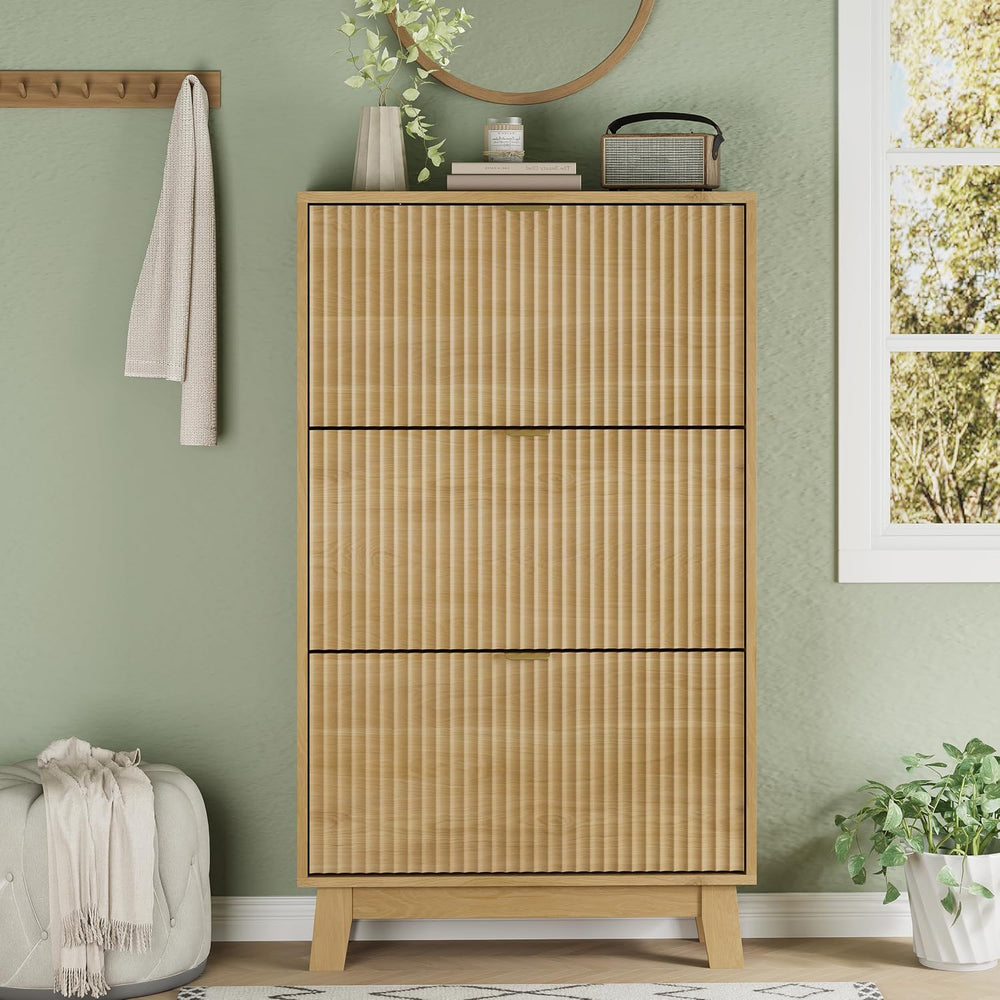 Xixini Shoe Cabinet with 3 Flip Drawers, 54" Tall Narrow Fluted Shoe Sto...