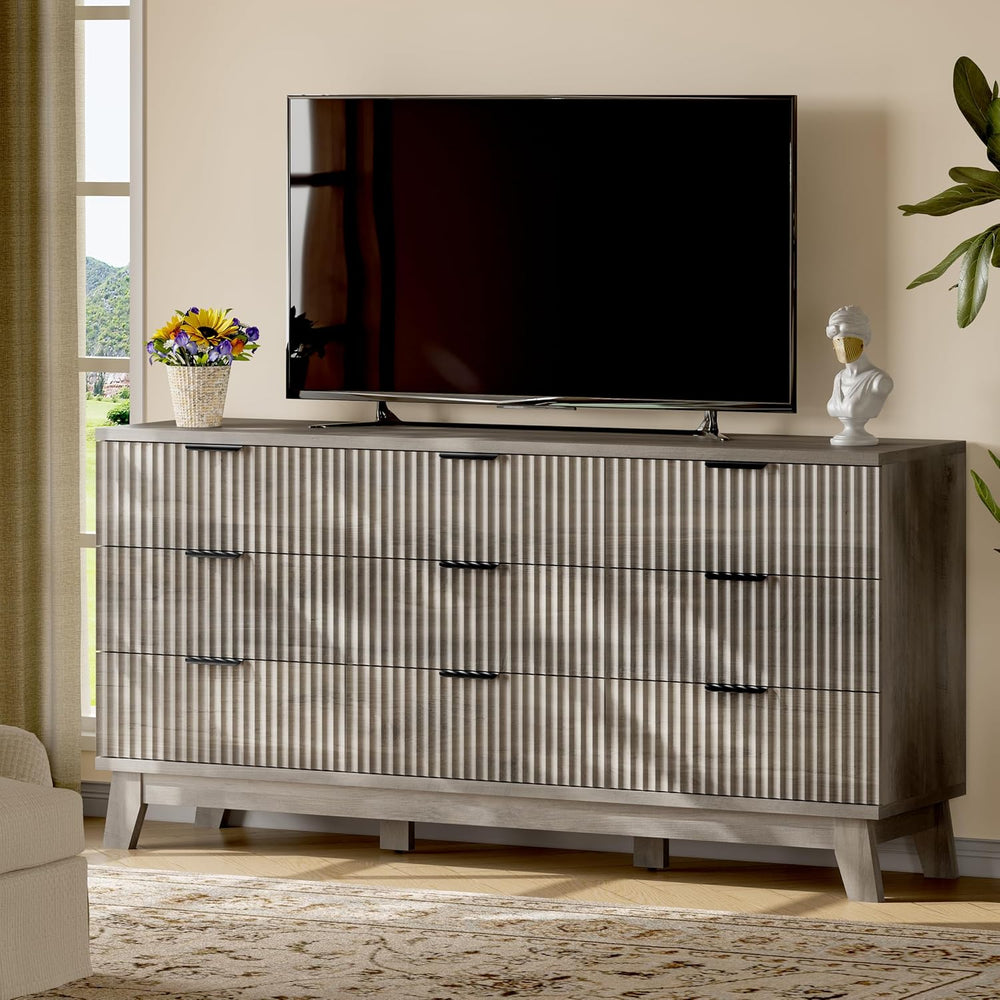 Xixini Fluted Dresser with 9 Drawers, 63" Wide Wood Chest of Drawers wit...
