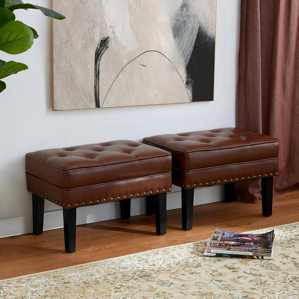 Glitzhome Set of 2 Faux Leather Foot Stool, Mid Century Modern Foot Stools Ot...