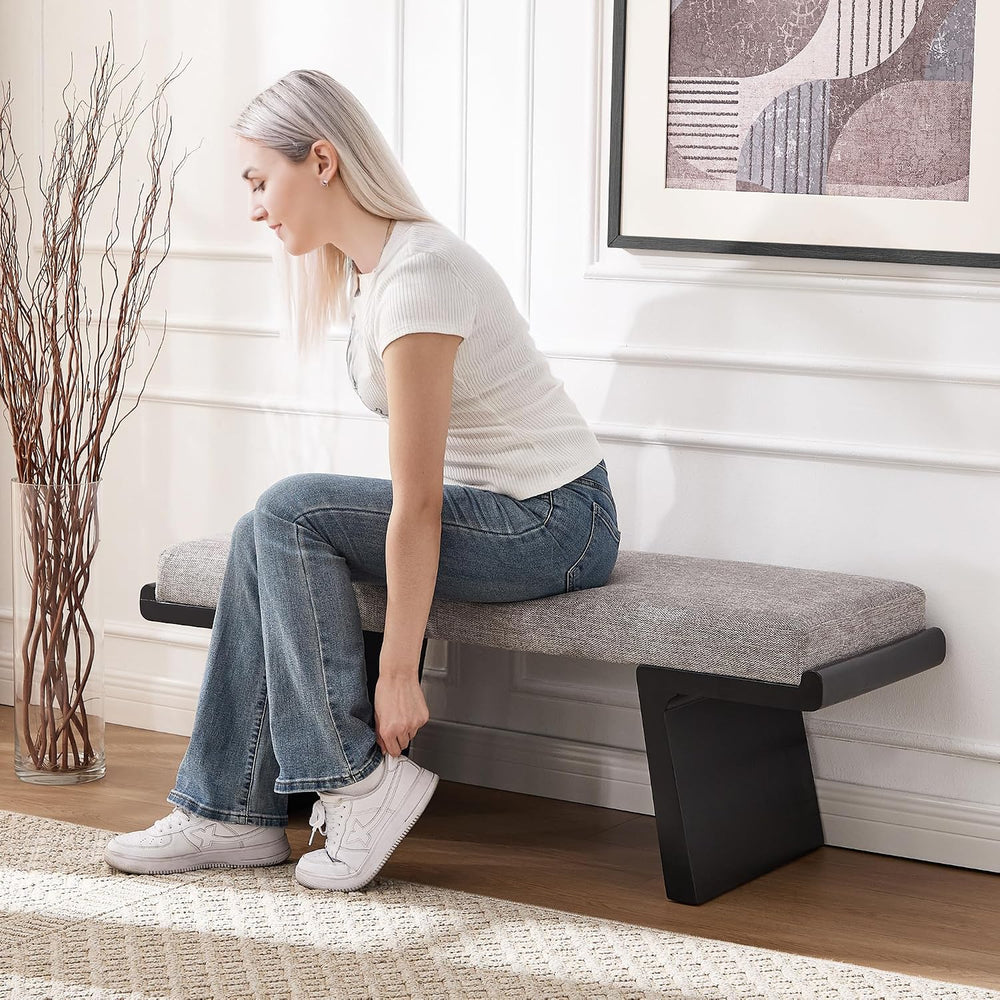 47.2" Black Wood Bedroom Bench, Upholstered Entryway Bench, Linen