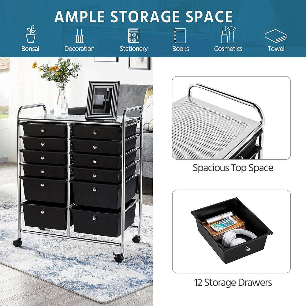 Yaheetech 12-Drawer Rolling Storage Cart on Wheels, Craft Organizer, Black