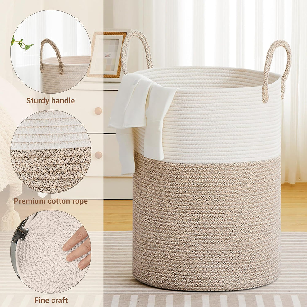100L Extra Large Tall Cotton Rope Laundry Basket with Handle, Brown