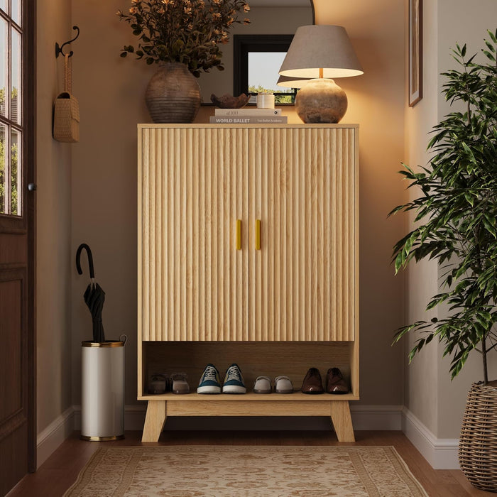 4-Tier Fluted Shoe Cabinet with 2 Doors & Open Shelf, Mid Century Modern Shoe Storage Organizer with Adjustable Shelves, Metal Handles & Wood Legs, Hidden Shoe Rack for Entryway, Hallway