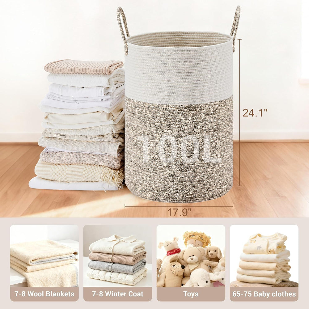 100L Extra Large Tall Cotton Rope Laundry Basket with Handle, Brown