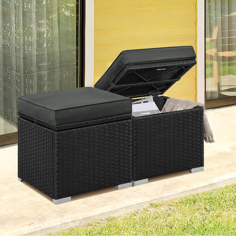 Yaheetech Wicker Ottomans, Set of 2 PE Rattan Side Tables, Black/Gray