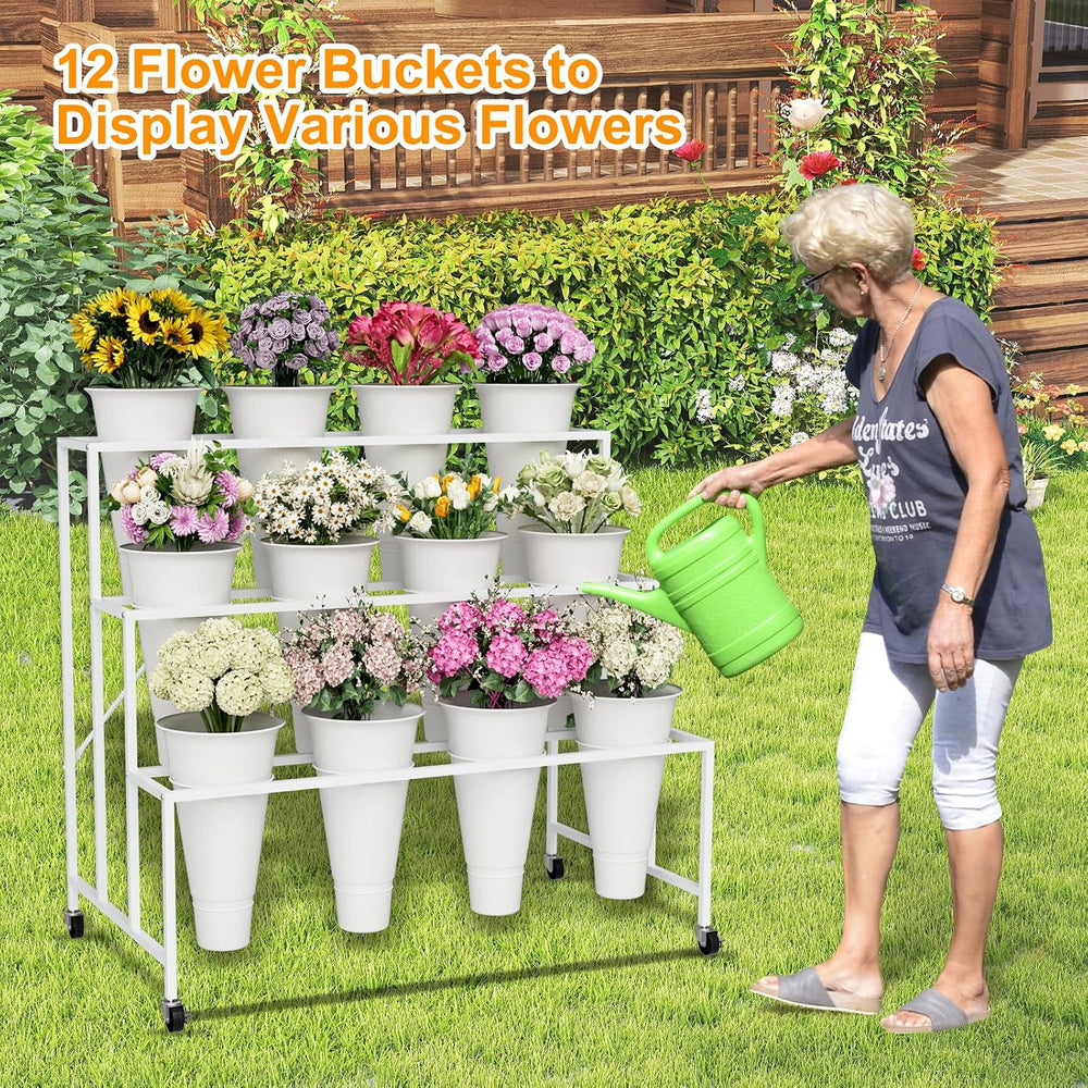 Flower Stand, 3-Tier Flower Display Stand with Buckets for Indoor Outdoor, Fl...