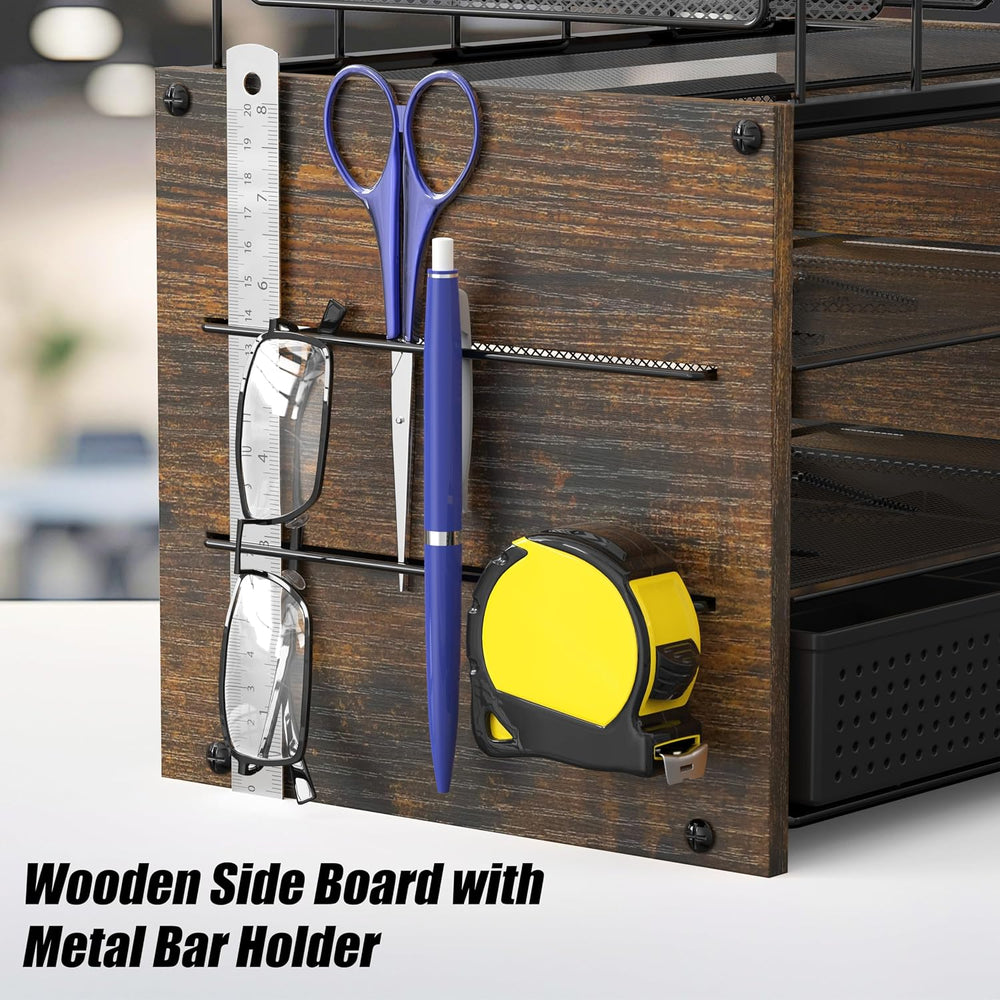 Simple Houseware Mesh Desk Organizer with Wooden Side Board, Rustic Brown