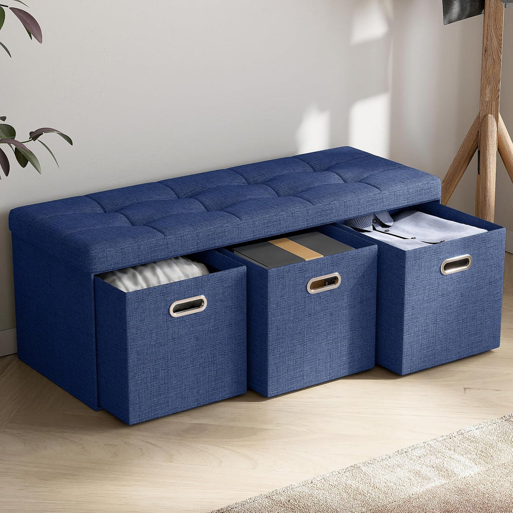 Ornavo Home 40 Inch Storage Ottoman with 3 Drawers, Tufted Linen, Navy Blue