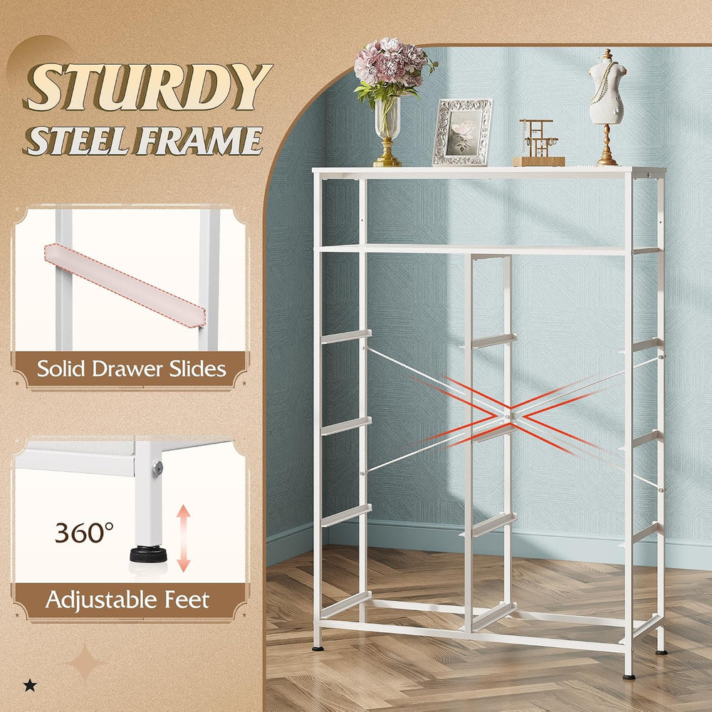 WLIVE 8 Drawer White Fabric Dresser Open Shelves,Tall Storage Tower