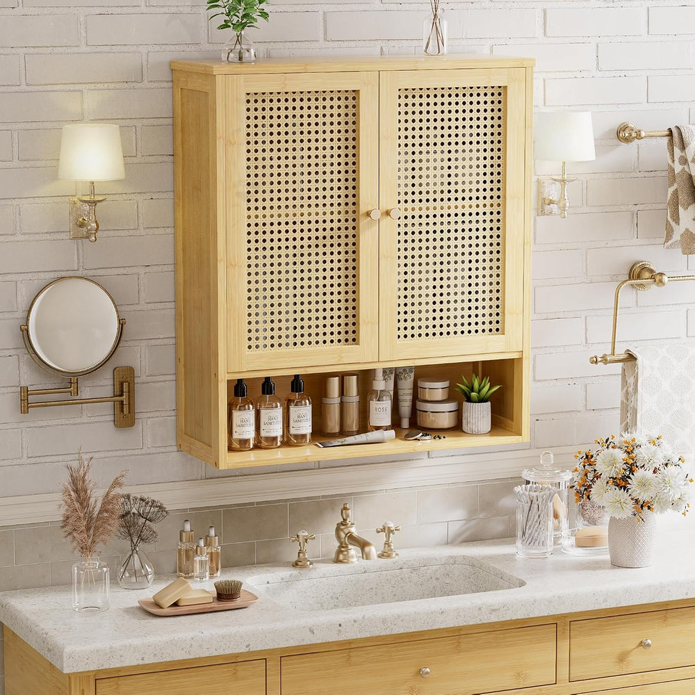 Bathroom Wall Cabinet, Bamboo Over-The-Toilet Storage Organizer with 2 Rattan...
