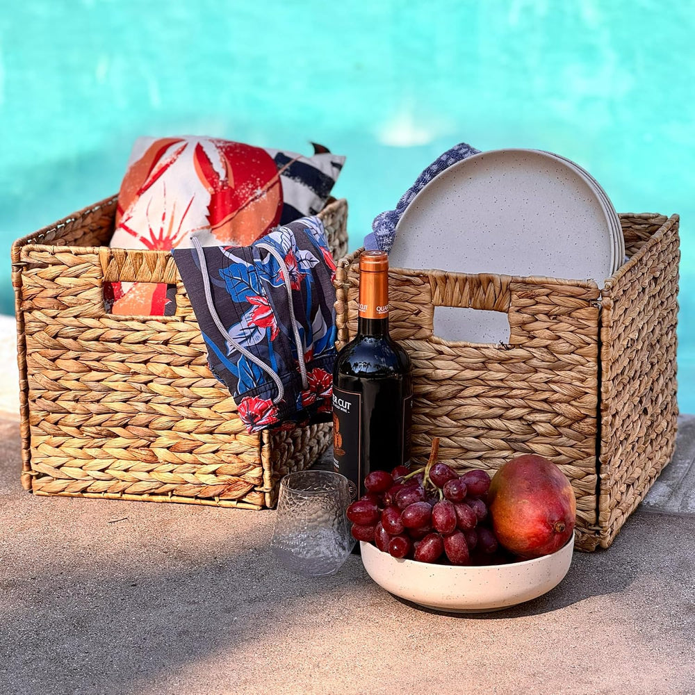 4 Hand-Woven Wicker Storage Baskets 13x11x11in, Water Hyacinth Shelf Bins