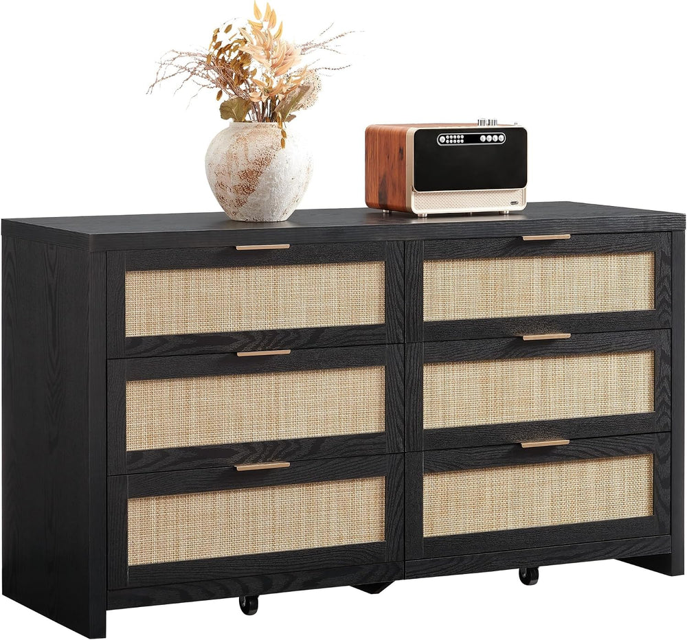 SICOTAS Rattan Dresser for Bedroom, 57" Wide 6 Drawer Dresser