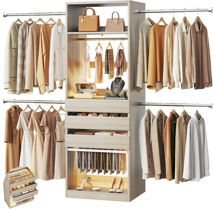 Closet System, 4-8 FT Closet Organizer with 3 Wood Drawers & Glass Top, Oak