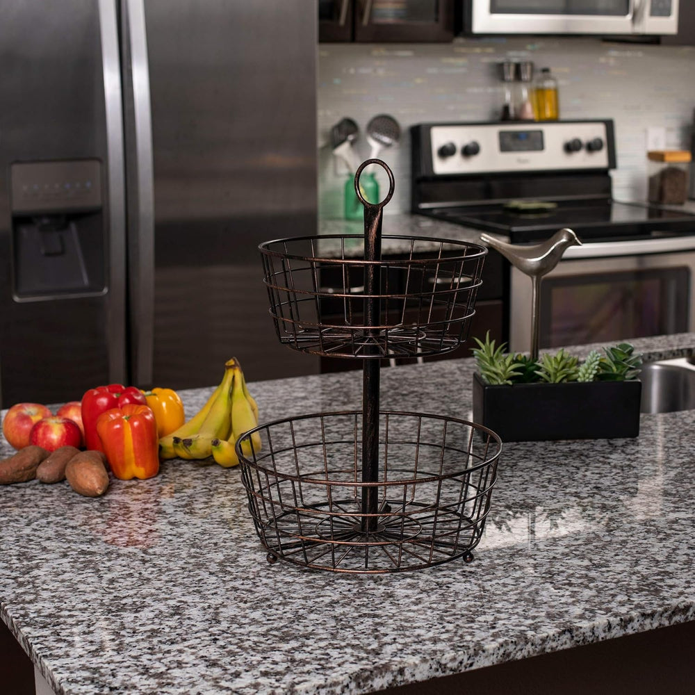 BIRDROCK HOME 2 Tier Wire Fruit Basket | Round Metal Standing Baskets | Fruit...
