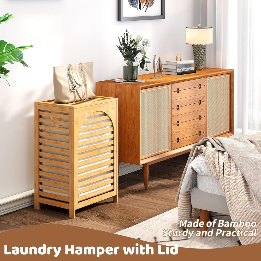 Laundry Hamper with Lid (16.9 * 13 * 26.5inches) Large Bamboo Laundry Bin Bas...