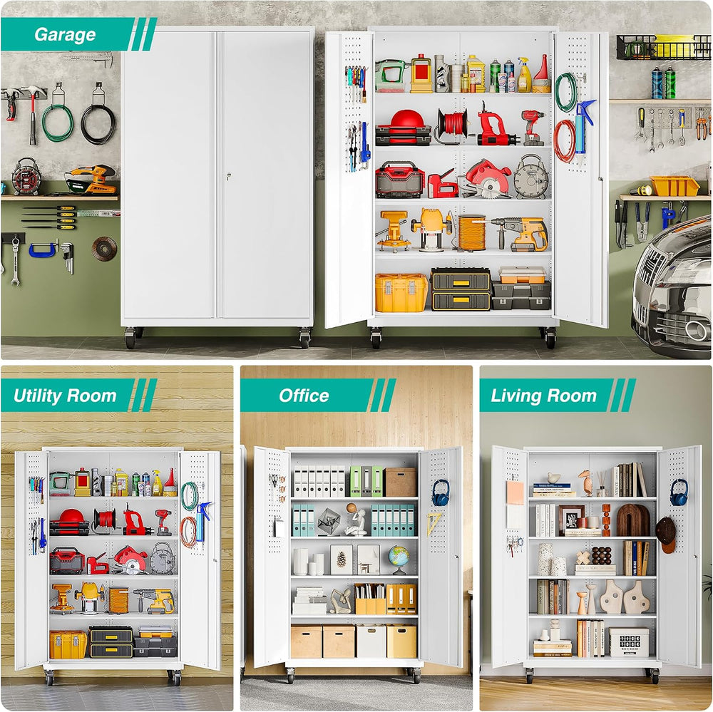 White Wide & Deep Metal Storage Cabinet with Wheels,Tall Rolling Garage S...