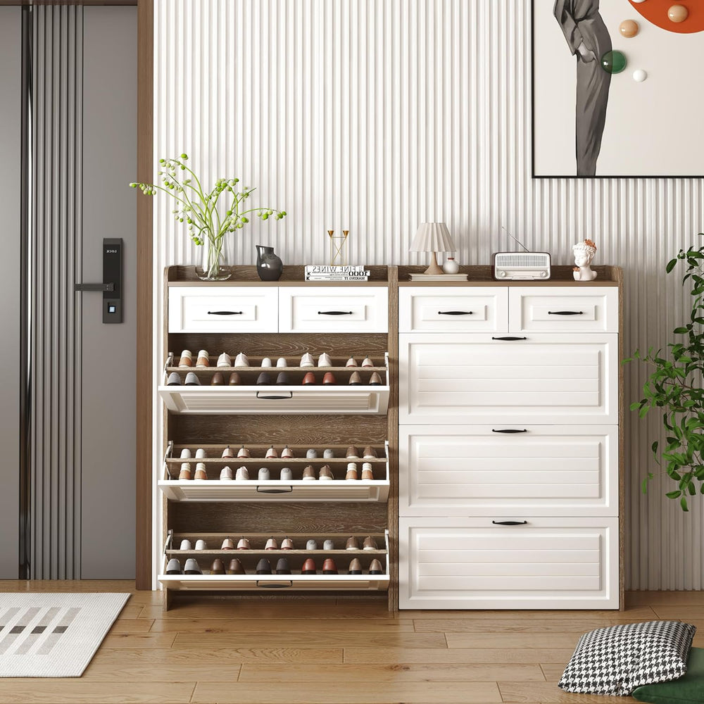 Shoe Cabinet with 3 Doors 2 Drawers, Wooden Narrow Shoe Storage Cabinet for E...