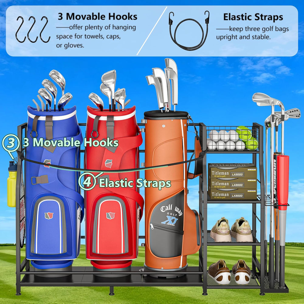 Golf Bag Stand for Golf Bag Accessories, Golf Bag Storage Organizer Fits 3 Ba...