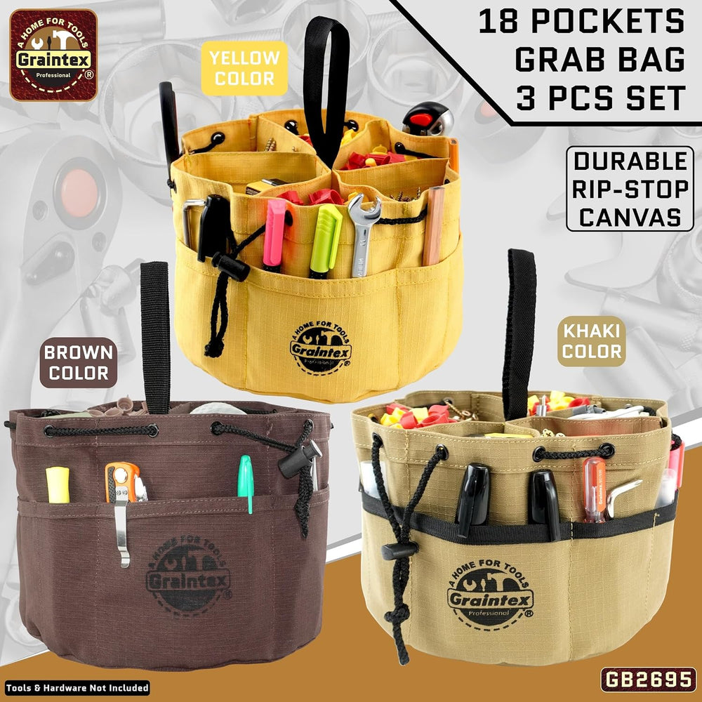 Graintex 18 Pocket Grab Bags Set of 3 Pcs Rip-Stop Canvas, Drawstring Closure...