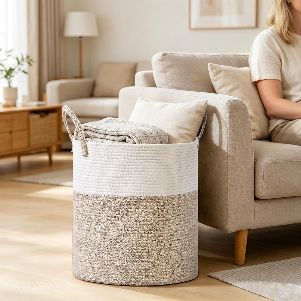 100L Extra Large Tall Cotton Rope Laundry Basket with Handle, Brown