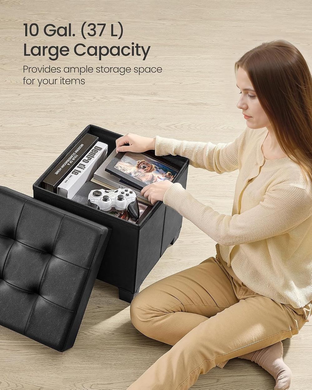 SONGMICS Small Storage Ottoman, 15 x 15 x 15.8 Inches, 9.8 Gal. (37 L)