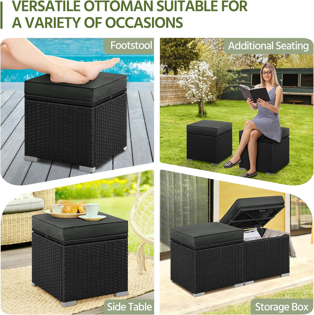 Yaheetech Wicker Ottomans, Set of 2 PE Rattan Side Tables, Black/Gray