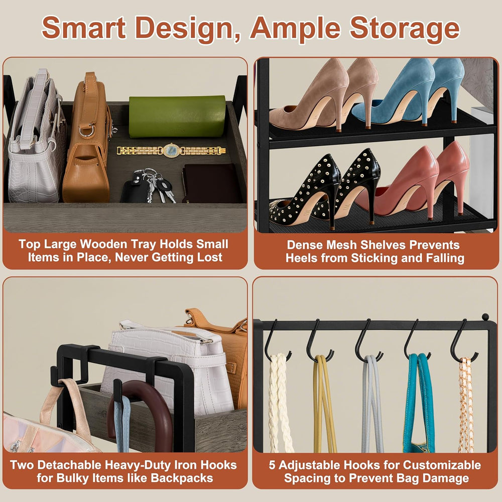 2-in-1 Shoe and Purse Rack, 5-Tier Shoe Rack with Wooden Tray & 7 Hooks, ...