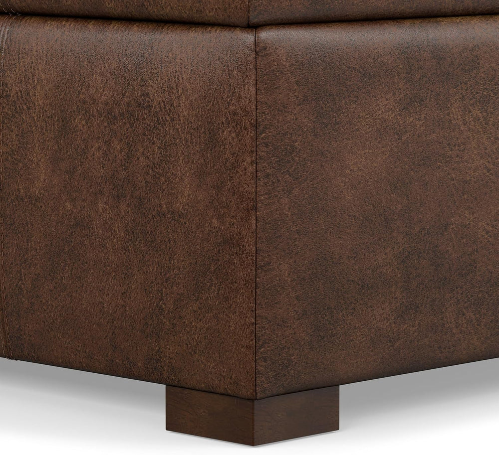 SIMPLIHOME Gabbie 48" Wide Vegan Leather Storage Ottoman in Chestnut Brown
