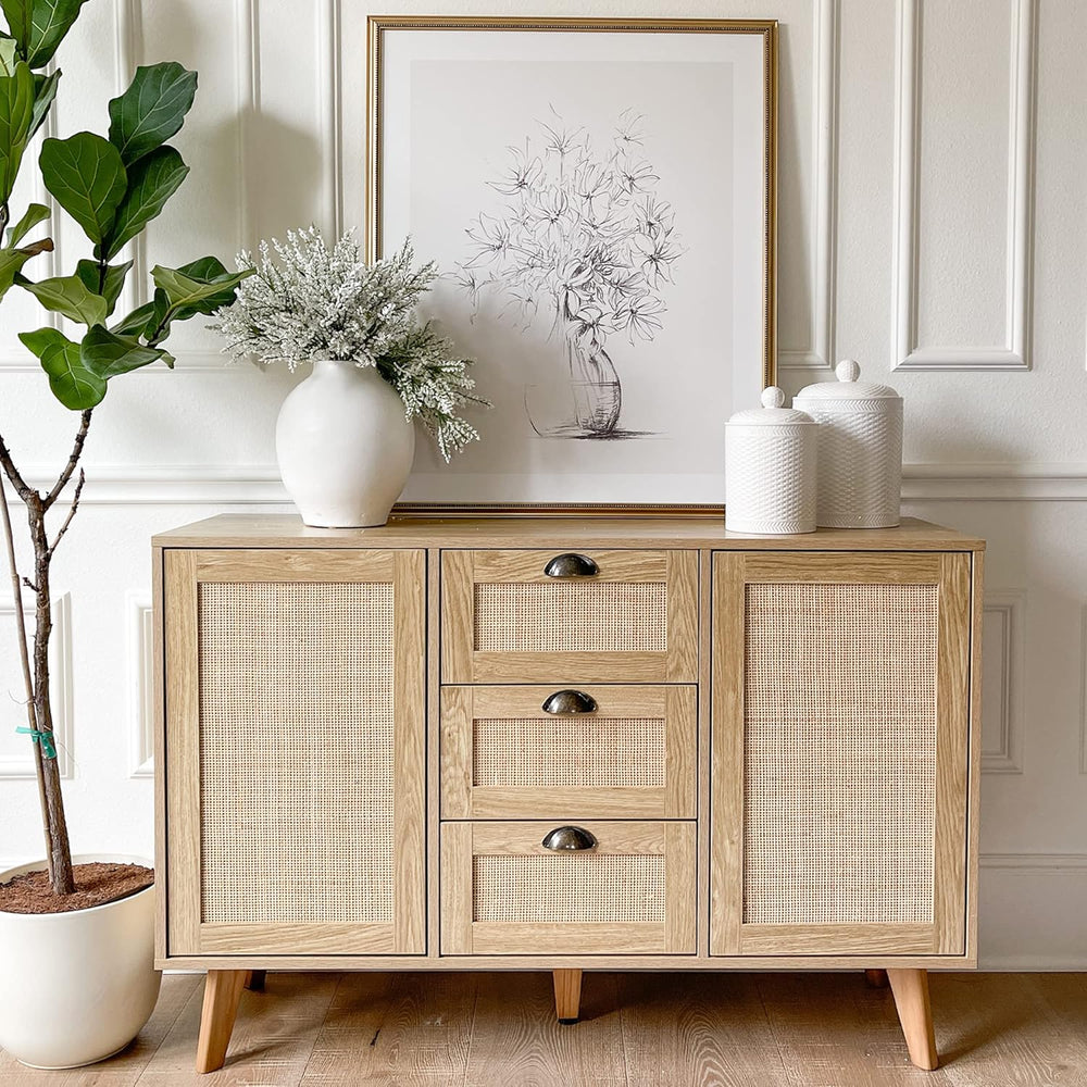 PHI VILLA Rattan Cabinet Sideboard, Buffet Cabinet with Storage