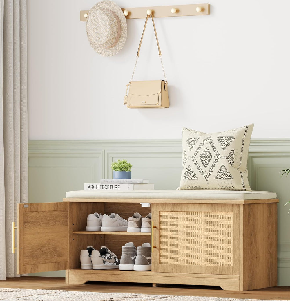 Rattan Shoe Storage Bench, 39.4" Wide Entryway Bench, Natural Oak