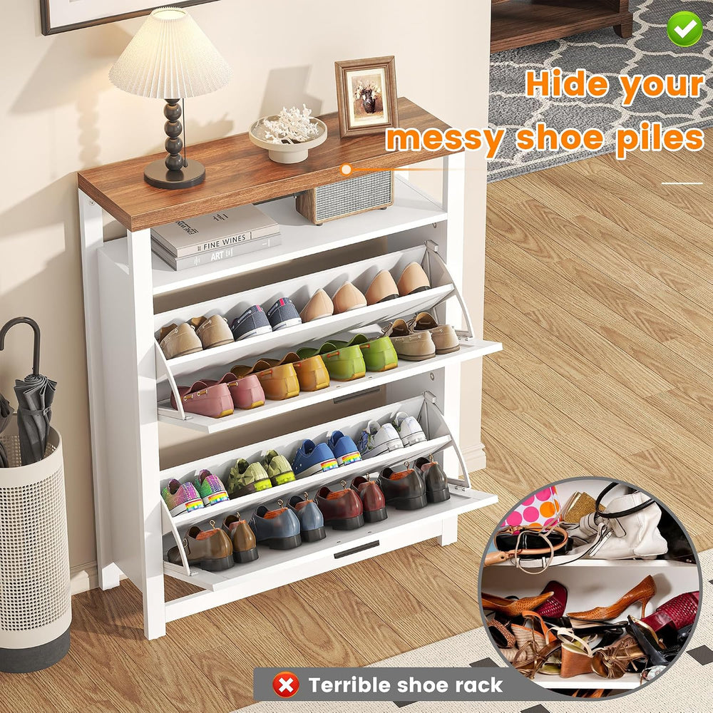 Shoe Storage Cabinet with 2 Flip Drawers, 4 Tires Farmhouse Shoe Organizer wi...