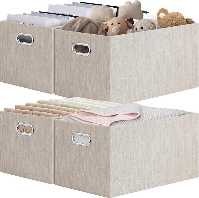 Posprica Closet Storage Bins, 4 Pack Closet Shelf Organizers, Linen Fabric Decorative Storage Baskets for Organizing, Foldable Storage Box for Clothes, 15x10.5x8.25 Inch (Beige)